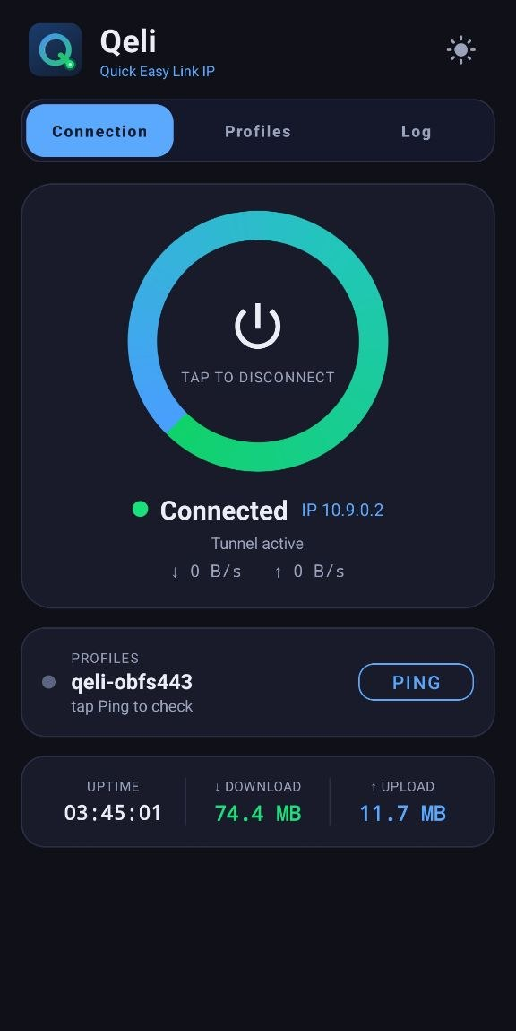 Приложение Qeli — активное VPN-подключение